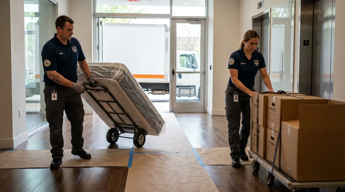 Professional apartment movers loading elevator in Sebree, KY